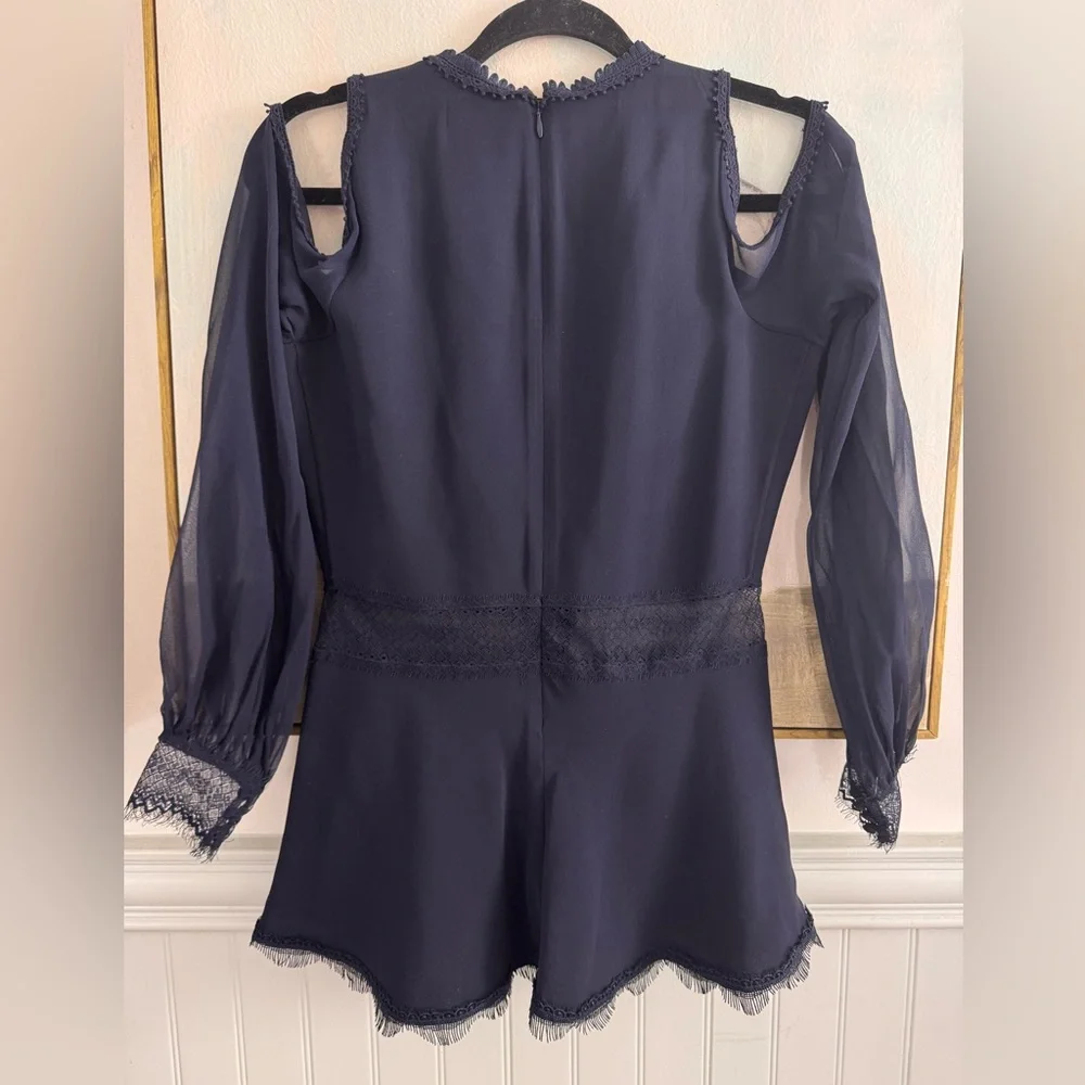 Jonathan Simkhai Cold Shoulder Lace Trim Blouse in Blue Silk - Picture 4 of 6